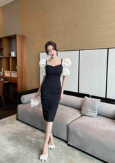Two-Toned Puff Sleeve Column Midi Dress S / Black